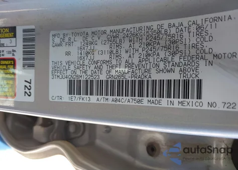 2011 Toyota Tacoma Prerunner V6 из США, поврежденный, VIN 3TMJU4GN2BM122523